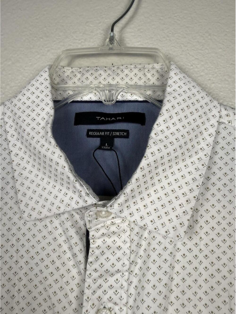 Tahari Regular Fit Stretch Shirt Large White Geometric Print Cotton Blend NWOT